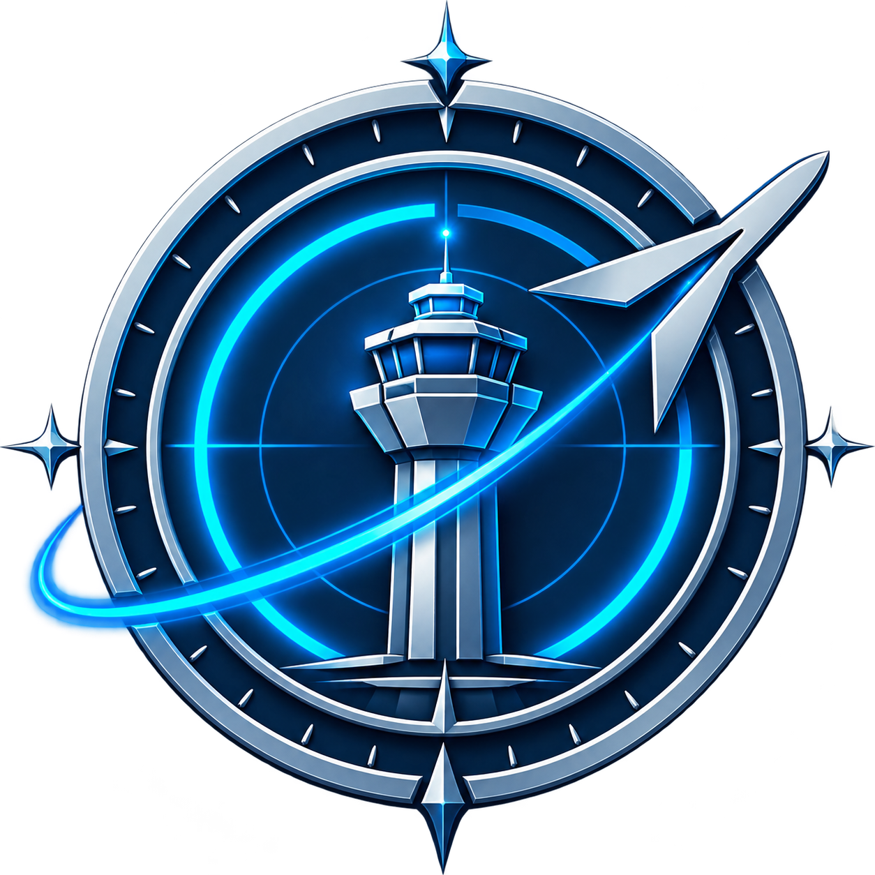Universal ATC: control tower, aircraft and radar emblem